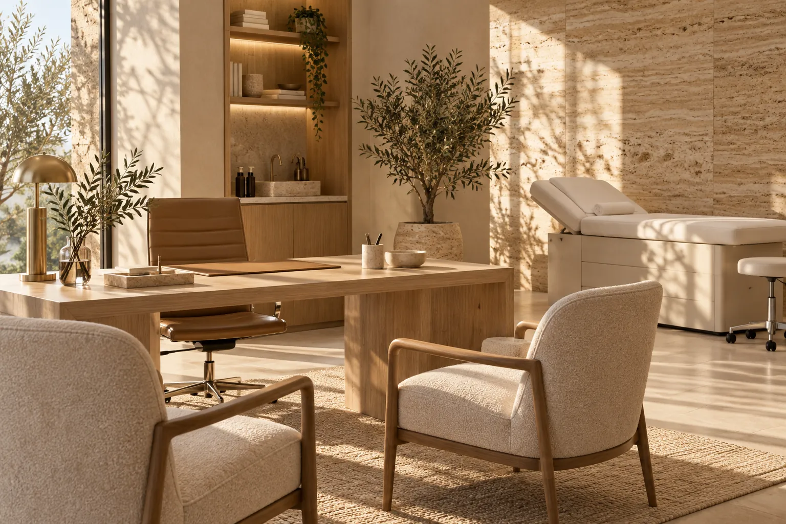 Consultório da clínica com mesa de madeira clara e luz natural, imagem ilustrativa