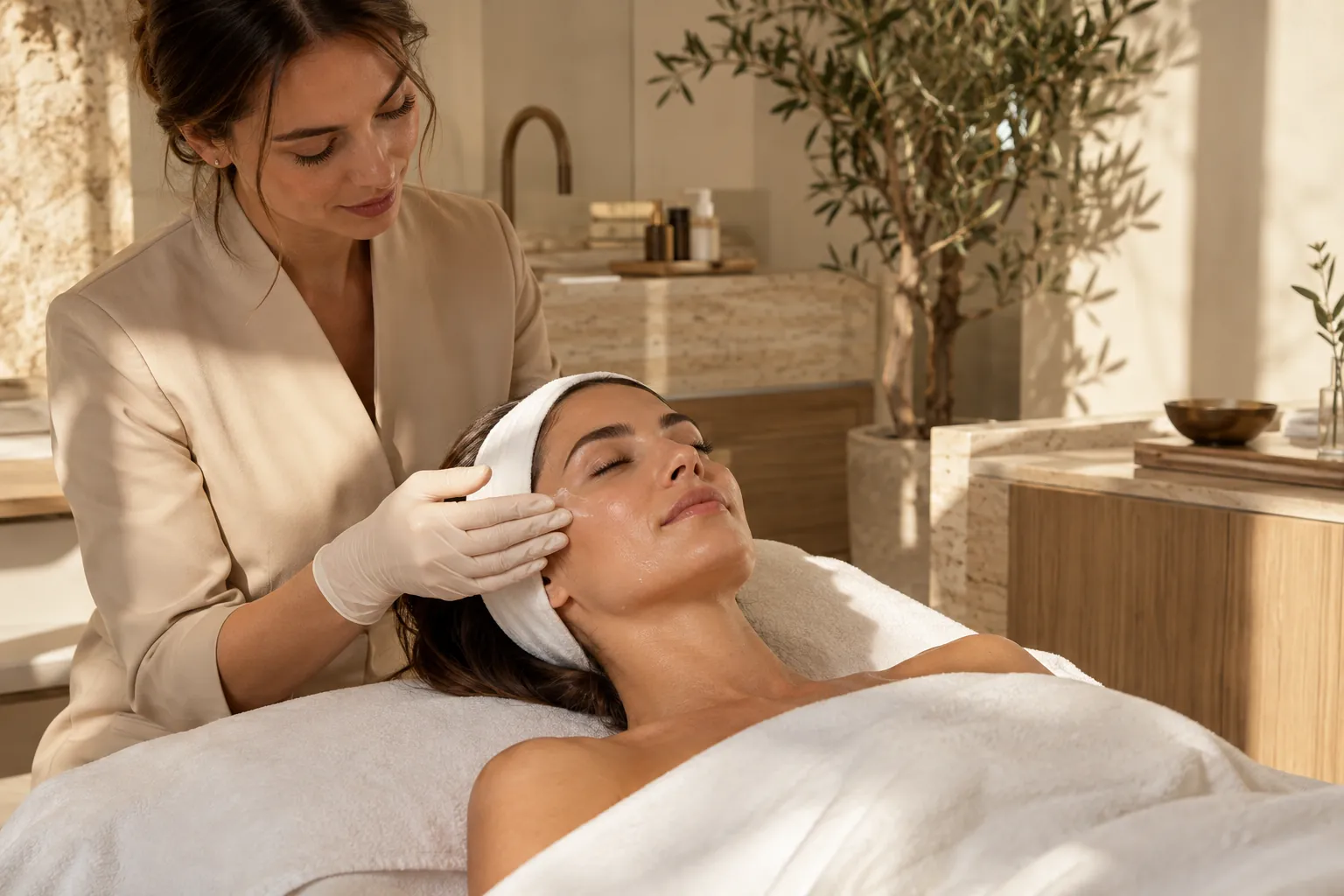 Profissional aplicando sérum no rosto de uma paciente em sala de estética, imagem ilustrativa