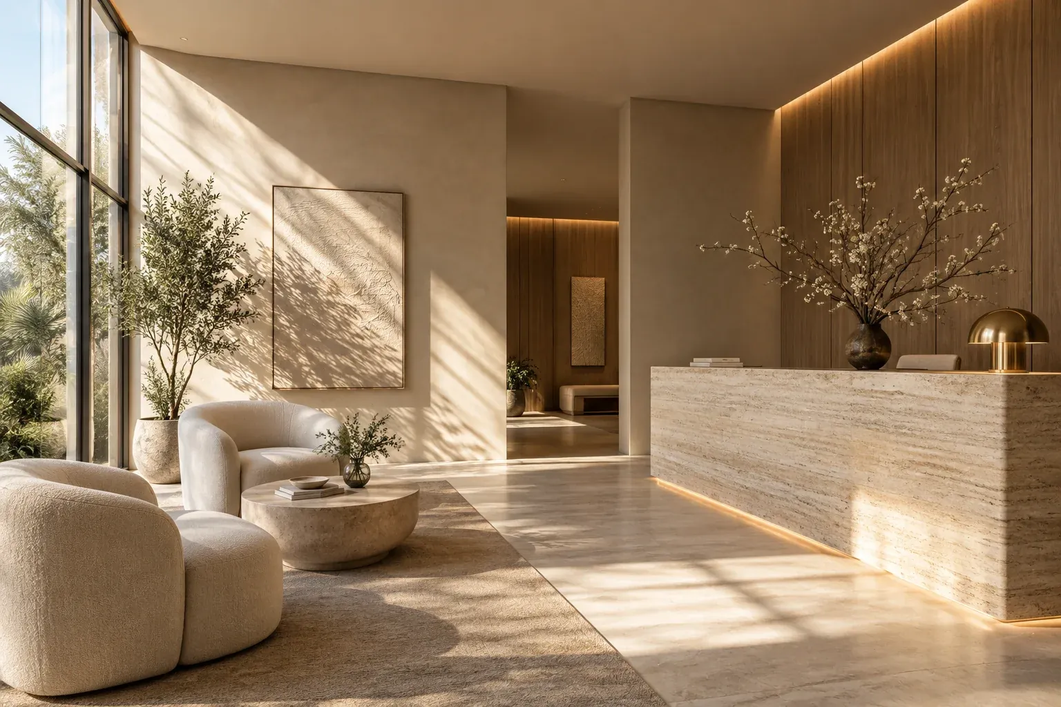 Recepção da clínica com pedra clara e luz natural, imagem ilustrativa