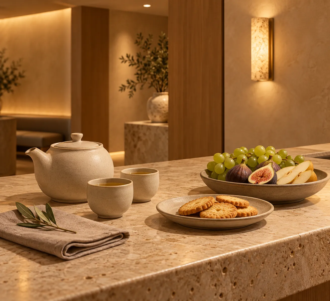 Mesa com chá e frutas no spa, imagem ilustrativa