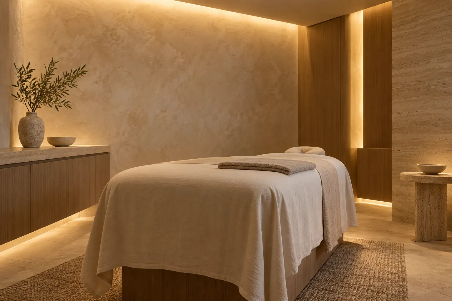 Sala de massagem com luz quente e maca preparada, imagem ilustrativa